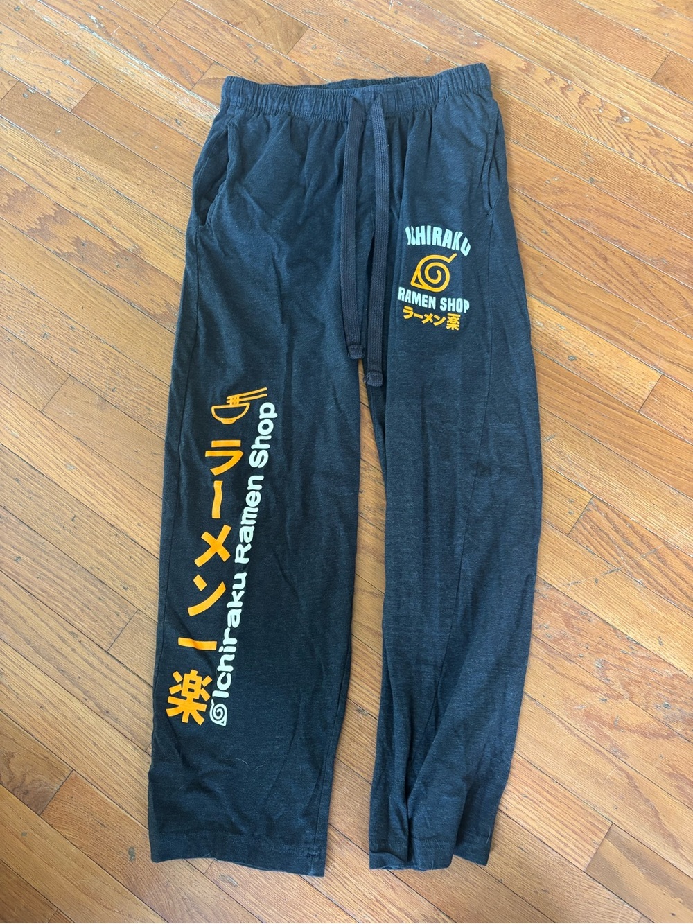 Ichiraku Ramen Shop Black Graphic Lounge Pants - Yellow Print. Anime. Men XS